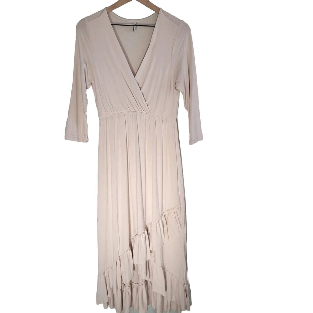 Mother Bee Maternity Dress Women's Large Khaki 3/4 Sleeve V-Neck Ruffles